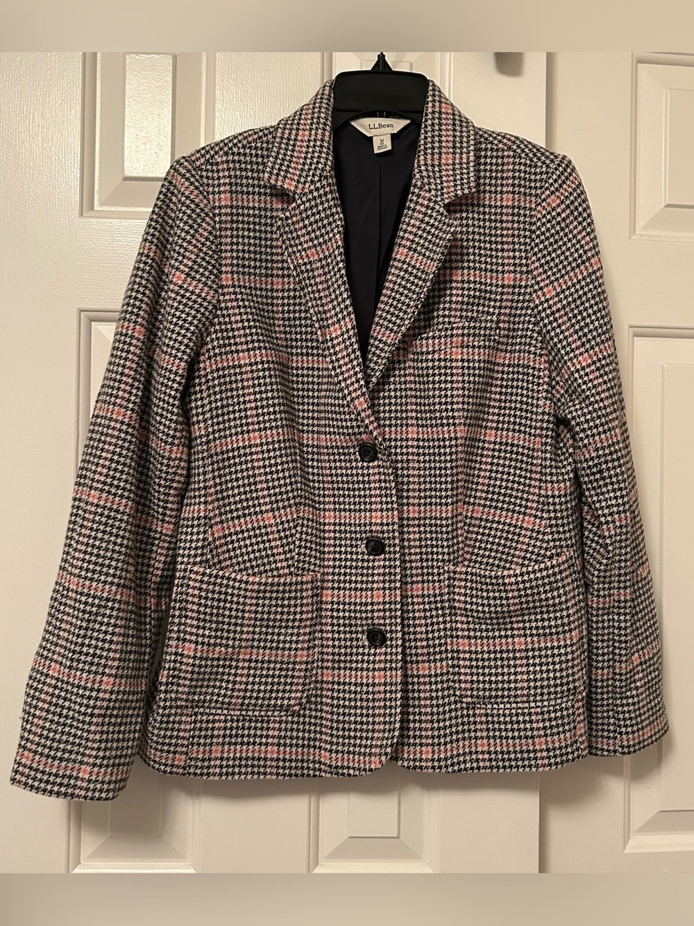 LL Bean Womens Black White Houndstooth Wool Blend Button Blazer Jacket Medium
